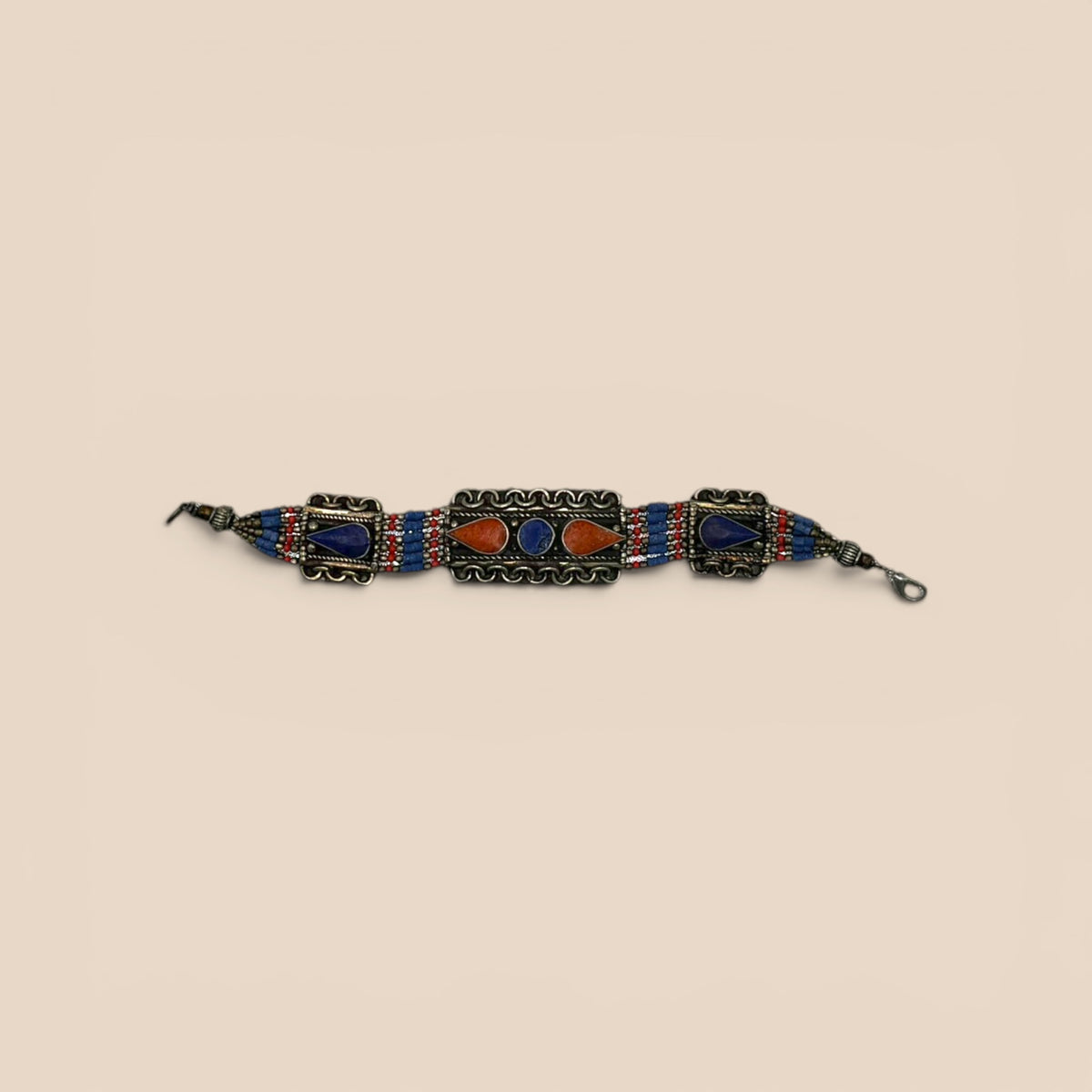 Bracelet argenté lapis corail cabochons