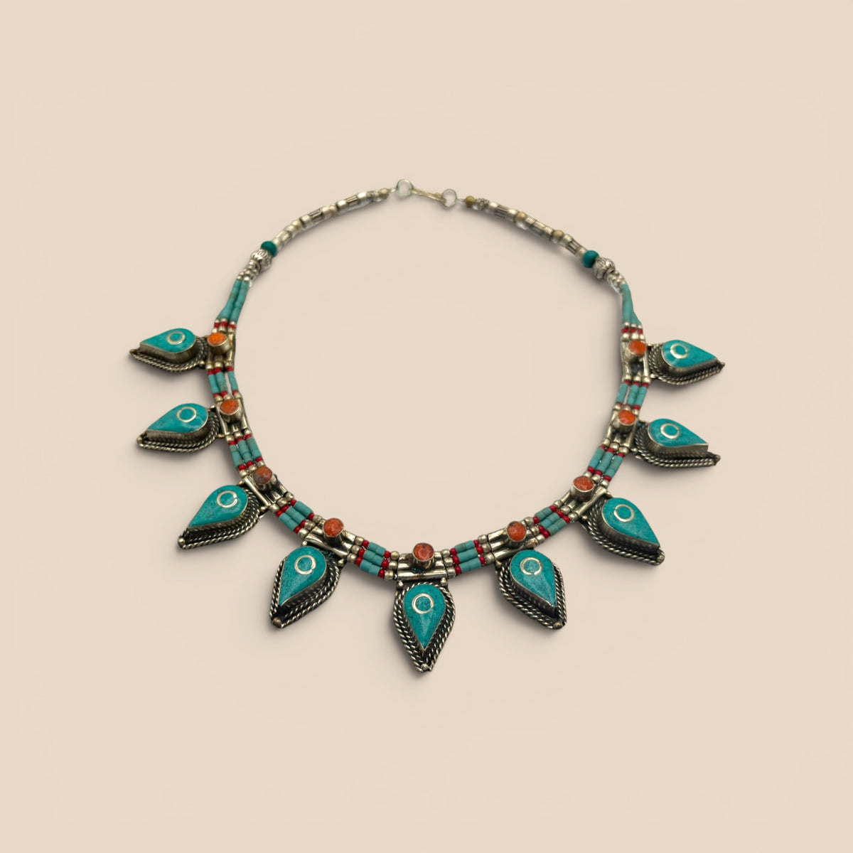 Collier turquoise feuilles corail