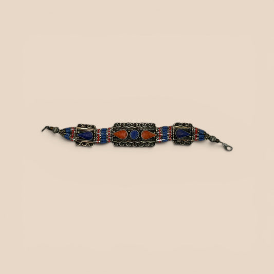 Bracelet argenté lapis corail cabochons