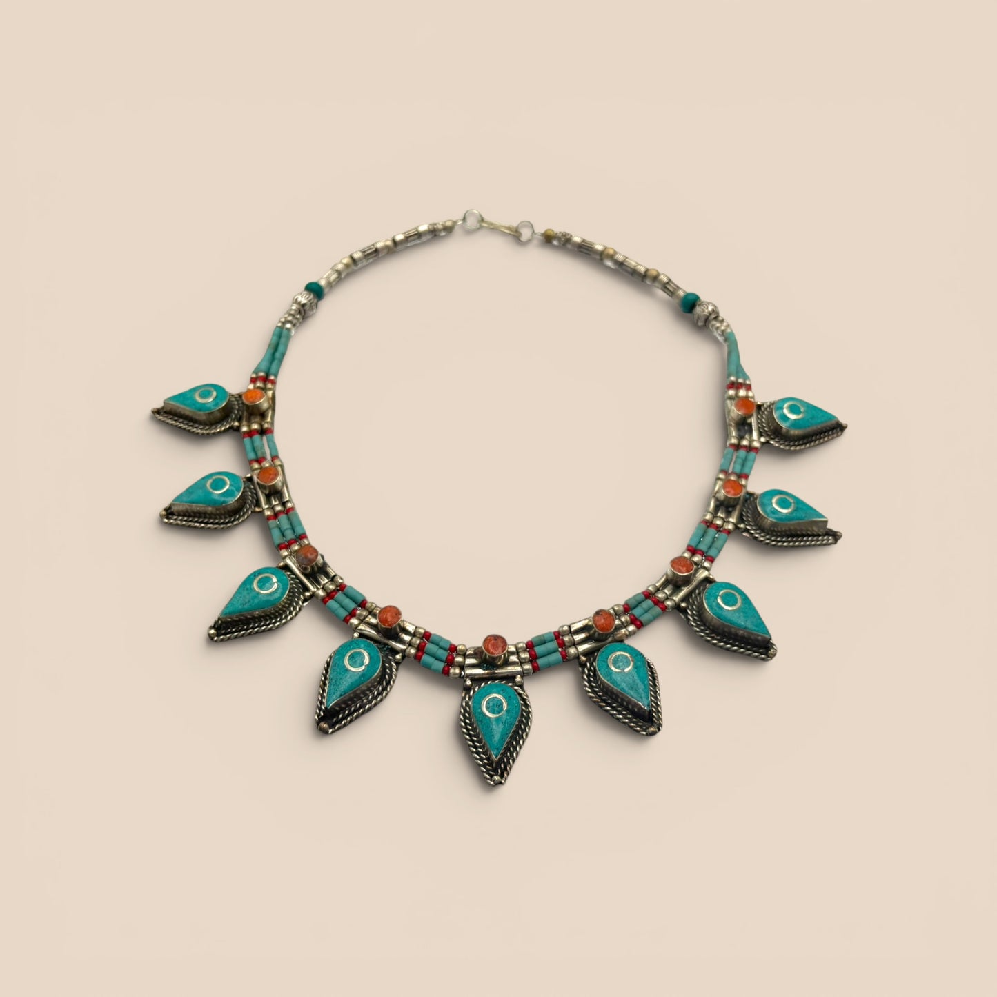 Collier turquoise feuilles corail