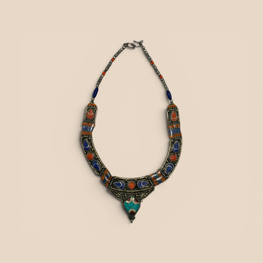 Collier plastron corail lapis turquoise goutte